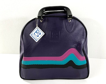 Vintage Bowling Bag Brunswick — Hipster Briefcase Bowling Bag or Purse — Pink Purple & Turquoise Vinyl Bowling Ball Bag Heavy Plastic Handle