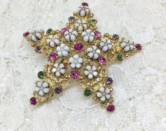 Vintage FLORENZA Star Flower Rhinestone Brooch Pin