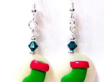 Christmas Stocking Swarovski Crystal Sterling Silver Christmas Earrings