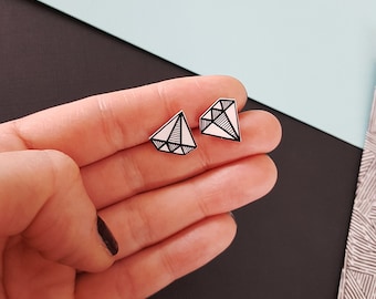 Diamond earrings, handmade jewelry, cute earrings, black and white jewelry, small stud earrings, shrink plastic jewelry, gift for women