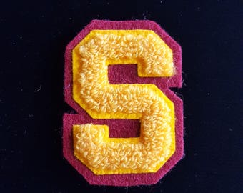 Varsity Patch- Letterman Jacket S Patch - Vintage Patch- Vintage Applique- Garnet Maroon Red Gold Yellow- 2.5 Inches