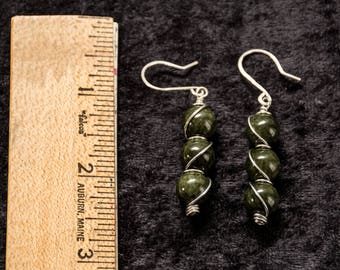 Wire Wrapped Green Glass Bead Dangle Earrings