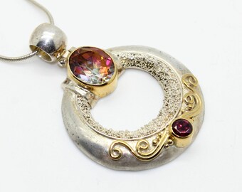 Sterling Silver 14K Gold Mystic Topaz Garnet Gemstone PENDANT Necklace on Snake Chain-Boho Bohemian-Vintage Estate Jewelry!