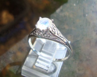 Rainbow Moonstone Ring VALERIE filigree Ring eco-friendly sterling silver with Fair Trade Custom Made in USA in your Size