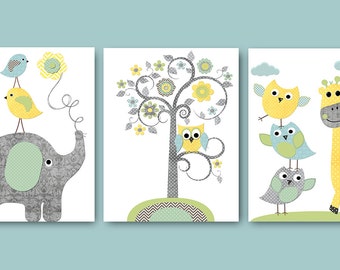 Neutral Nursery Prints Kids Art Owl decor Baby Nursery Art Nursery Wall Art Kids Room Decor set of 3 Elephant Nursery Tree Owl Blue Gray /