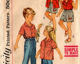 1960s Child's SHIRT SHORTS PANTS w/Transfer Pattern Simplicity #3944 Size 6 Whale Applique Summer Fashions Retro Campy Casual Vintage Sewing