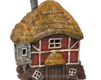 Thatched Roof Red Barn with Light for Miniature Garden, Fairy Garden