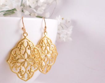 Gold Filigree Earrings, Gold Lace Earrings, Gold Filigree Moroccan Earrings, Gold Boho Earrings, Filigree Gypsy Statement Earrings