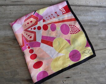 Vintage Oscar by Oscar de la Renta Floral Silk Square Scarf / Vintage Oscar de la Renta Silk Neck Scarf / Mod Print / Pink Black Yellow