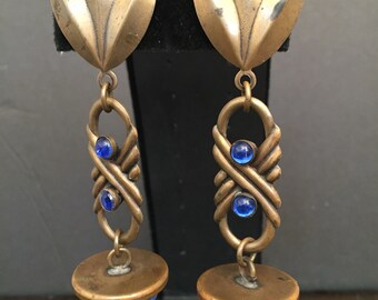 Vintage Marjorie Baer SF Blue Art Glas Dangle Clip On Earrings