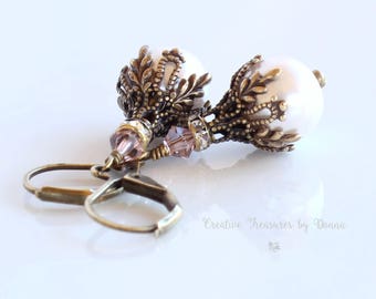 Brass Earrings, Light Pink Pearls, Swarovski Crystals, Pink Crystals, Rhinestone Spacers, Victorian Earrings, Valentine's Earrings
