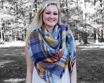 Blanket Scarf-Scarves-Monogrammed Scarf-Monogram Scarf-Gold-Mustard-Plaid Scarf-Tartan Scarf-Large Scarf-Over Sized-Personalized Scarf-Gift