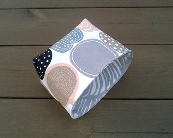 Waterproof fabric basket organizer from coated Marimekko fabric Kompotti, neutral storage bin container, gift basket, nursery bathroom decor