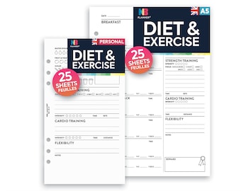 PRINTED Diet & exercise tracker Insert A5 / Personal Filofax A5 Kikki.K Large Compatible Refill Coloured