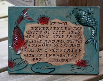 Buddha Quote Tile, Inspirational Tile, Ceramic Tile, Koi Fish Tile, Stoneware Tile, Hand Painted Ceramic Tile, Handmade Tile, Glazed Tile