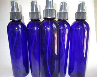 Plastic Bottles - Spray Bottles - Cobalt - 8 oz - Herbal Products - Room Sprays - FIVE 8oz Cobalt Blue PET Plastic Spray Bottles - NEW