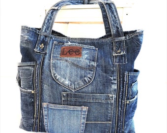 LEE Recycled jeans bag, denim bag, jeans tote, denim tote, shoulder bag, large bag, blue handbag, beach bag,shopper, casual bag