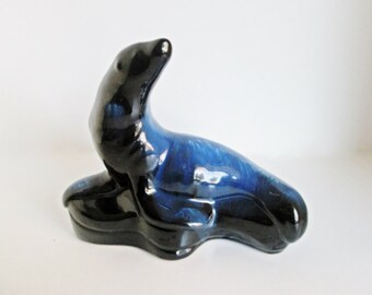Blue Mountain Pottery Sea Lion, Seal on a Rock, Home Decor, Blue Black Drip Glaze, Red Clay Animal, BMP Canadian Pottery 1992 to 97