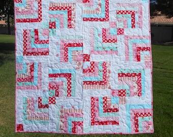 Baby Quilt--Red/Pink/Aqua Log Cabin
