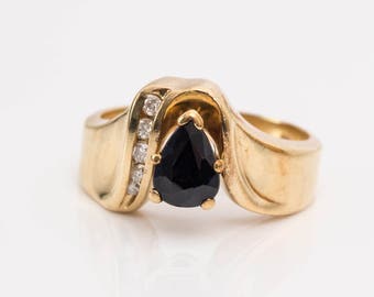Circa 1950s Vintage Pear Shaped Sapphire & Diamond 14K Yellow Gold Ring, VJ #147A