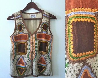 Vintage 70's Vest - Leather, Suede Patchwork and Crochet Vest - Tan, Brown, Orange, Green