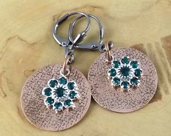 Emerald Green Copper Eclipse hand textured copper and Swarovski crystal gunmetal leverback earrings