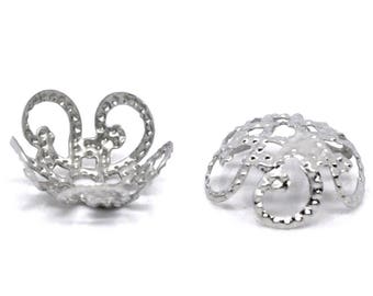 set of beautiful flower bead caps 11 mm set of 10 silver
