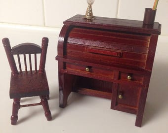 Dollhouse vintage wooden roll top writing desk with lamp and utensils accessories