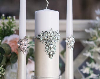 Personalized Unity Candle Set for Wedding, Ivory & Crystal Wedding Unity Candles, Wedding Gift Ideas, Winter Wedding Candles, Pillar Candles