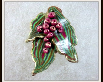 Leaves and Berries Pendant, Multi Colored Leaf, Mauves Greens, Lightweight Pendant, Dainty Je