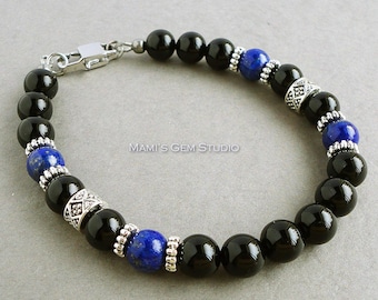 Black Onyx and Blue Lapis Gemstone Mens Bracelet - Handmade Jewelry for Men, Guys, Him, Dad