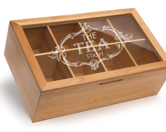 Personalized Tea Box, Engraved Gift Box, Kitchen Storage, Compartment box, Kitchen Accessories