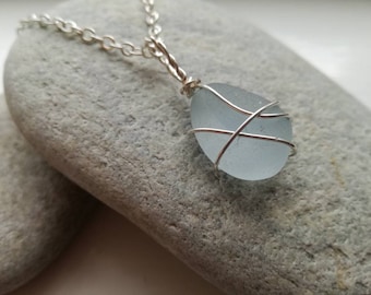 Handmade Pale Blue Sea Glass Pendant Necklace