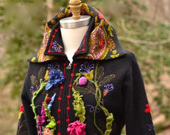 Floral sweater COAT, fantasy art to wear, refashioned OOAK clothing, Woodland MORI girl, long festival boho Coat, size L. Ready to ship