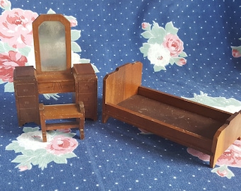 Strombecker Dollhouse Bedroom Furniture Bed Vanity and Bench Art Deco Furniture Wood Walnut