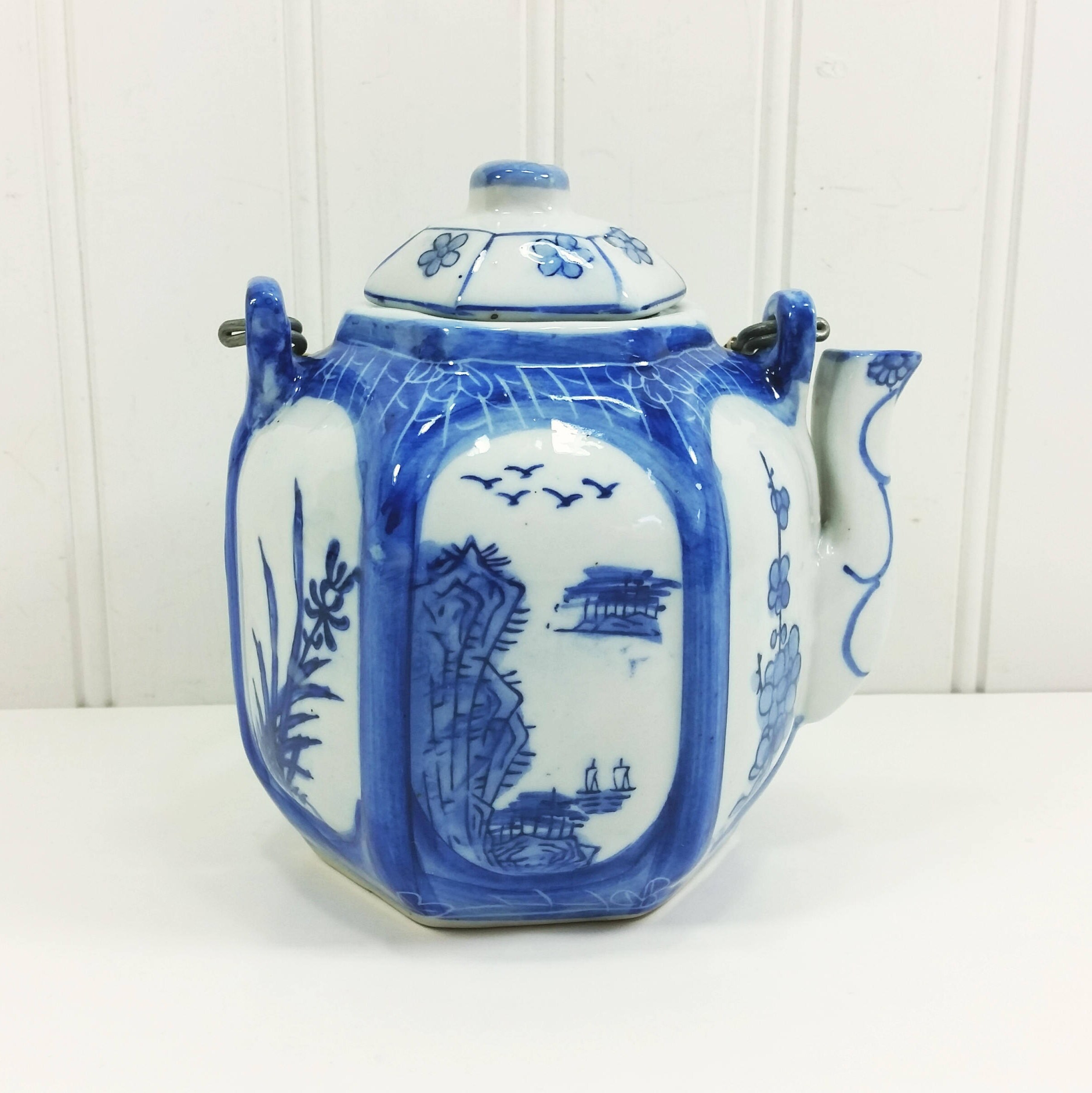 Japanese Blue and White Teapot White Porcelain Landscape with