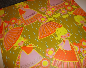 Vintage Gift Wrap Girl with Umbrella, Raindrops, and Flowers 1972 American Greetings Cool Retro Wrapping Paper
