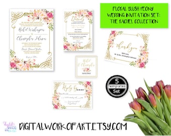 Wedding Invitation Template, DIY Floral Peony Boho Wedding Invitation Suite Template, Editable PDF, Instant Download, Printable, #rc