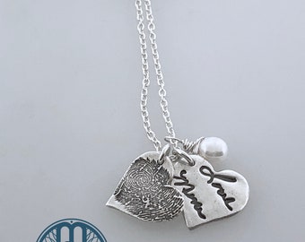 FINGERPRINT necklace with one BIRTHSTONE, and Custom HANDWRITING, Thumbprint and signature necklace