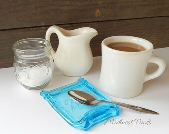 Blue Melted Mason Jar Spoon Rest, wide mouth pint jar, ring dish, tea bag holder, coffee bar accessory, gift box included