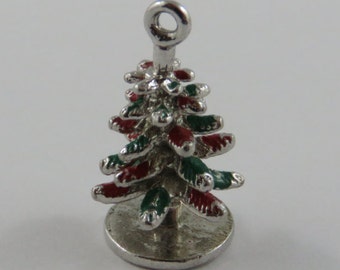 Christmas Tree With Red & Green Enamel Sterling Silver Vintage Charm For Bracelet