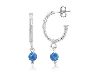 Silver Hammered Dark Blue Opal Hoop Earrings