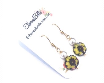 Gold stainless steel earrings, surgical steel earrings, hypoallergenic earrings, Swarovski pearl earrings, czech flower earrings
