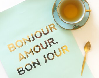 French Gold Print Poster Bon Jour Amour - gold foil print