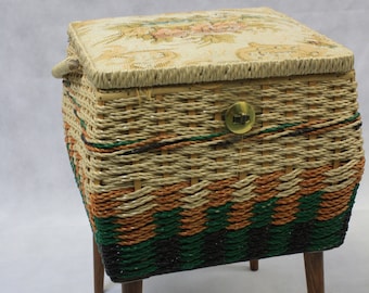 Tall Pastel Tapestry Sewing Box with Handle and Legs Floral Striped Green Orange Brown Sewing Seamstress Knitter Crafter Gift Retro Box