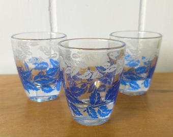 3 vintage blue leaves shot glasses France