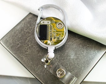 Yellow Circuit Board Retractable Badge Holder, Badge Reel, Geeky Office Gift, Wearable Technology, Geek Engineer Gift, Motherboard Gift