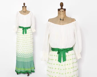 Vintage 70s Gauze Dress / 1970s Novelty TURTLE Print Op Art Pleated Maxi S