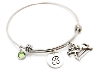 Jumping Horse Initial Birthstone Hand Stamped Bangle, Equestrian Bracelet, Dressage Bangle with Jumping Horse Charm and Swarovski Birthstone