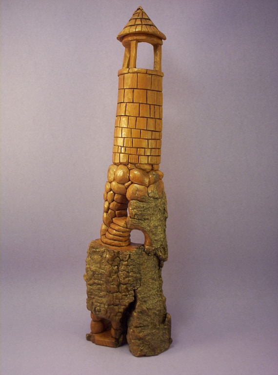 Hand carved cottonwood bark tower whimsical OOAK rustic decor wood carving gift for him/her han made in Wisconsin by Old Bear Wood Carving
